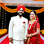 **

"A vibrant scene of a traditional Bengali wedding. The bride, adorned in a rich red Banarasi saree and gold jewelry, smiles radiantly. The groom, in a classic dhoti and kurta, stands proudly beside her. The background features a beautifully decorated wedding mandap with marigolds and colorful lights. Capture the joy and cultural richness of a Bengali wedding. Safe for work, appropriate content, fully clothed, professional, family-friendly, perfect anatomy, correct proportions, natural pose, professional photography, high quality."

**