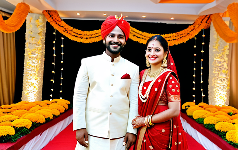 **
"A vibrant scene of a traditional Bengali wedding. The bride, adorned in a rich red Banarasi saree and gold jewelry, smiles radiantly. The groom, in a classic dhoti and kurta, stands proudly beside her. The background features a beautifully decorated wedding mandap with marigolds and colorful lights. Capture the joy and cultural richness of a Bengali wedding. Safe for work, appropriate content, fully clothed, professional, family-friendly, perfect anatomy, correct proportions, natural pose, professional photography, high quality."
**
