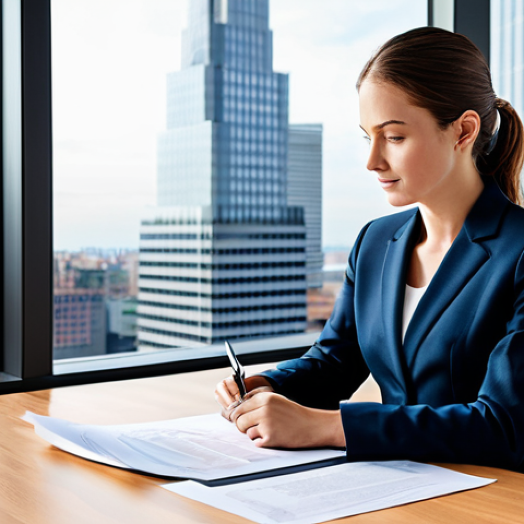 **

A professional businesswoman in a modest business suit, sitting at a desk in a modern office, reviewing documents. The office is bright and airy, with large windows overlooking a city skyline. Fully clothed, appropriate attire, safe for work, perfect anatomy, natural proportions, professional photography, high quality.

**