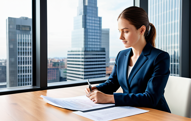 **

A professional businesswoman in a modest business suit, sitting at a desk in a modern office, reviewing documents. The office is bright and airy, with large windows overlooking a city skyline. Fully clothed, appropriate attire, safe for work, perfect anatomy, natural proportions, professional photography, high quality.

**