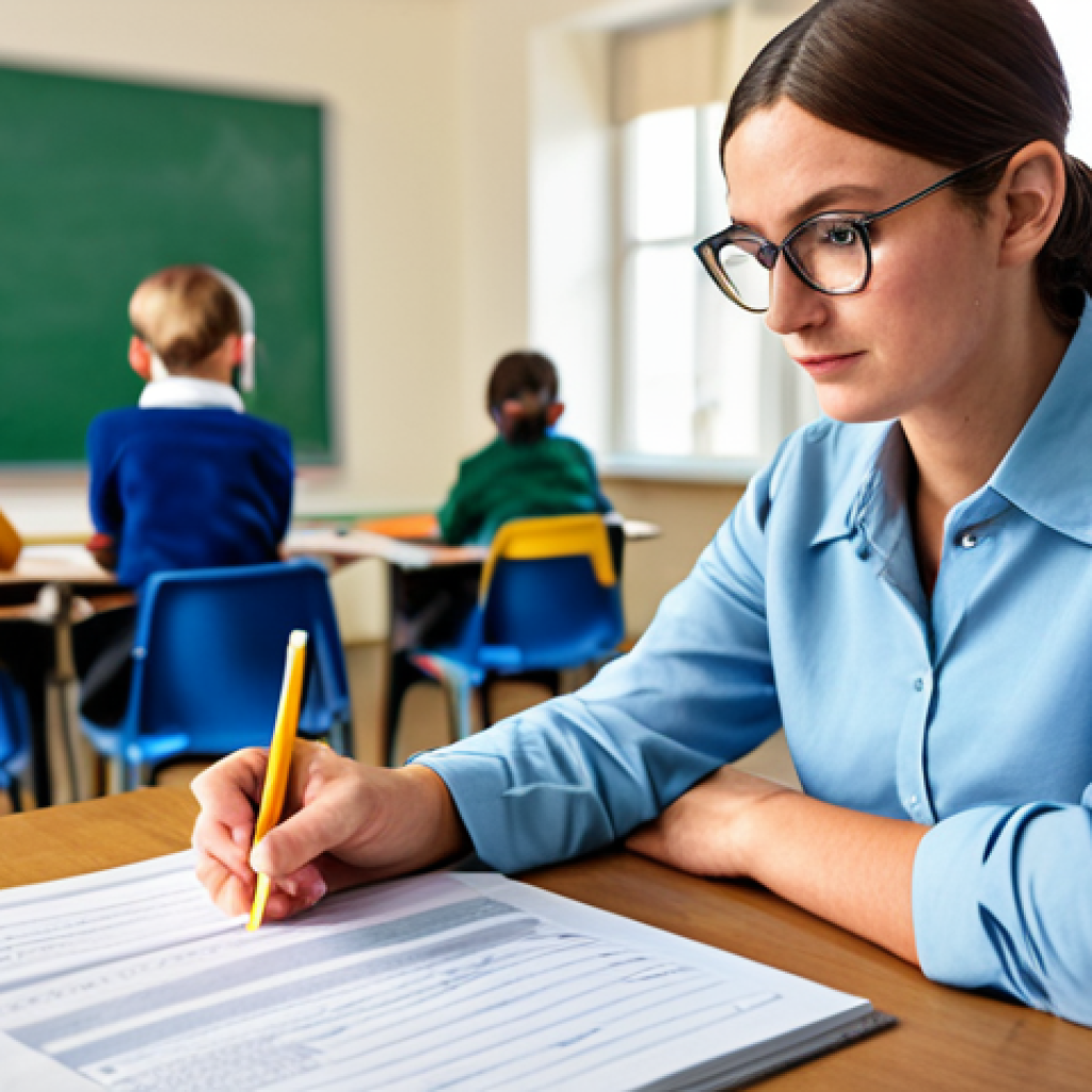 모듈식 교육의 효과적인 평가 기준 - A professional teacher, fully clothed in modest attire, reviewing student quizzes at their desk in a...