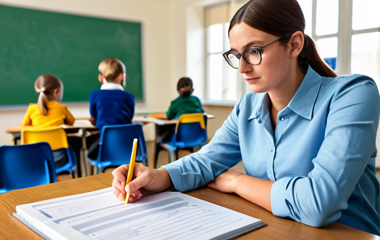모듈식 교육의 효과적인 평가 기준 - A professional teacher, fully clothed in modest attire, reviewing student quizzes at their desk in a...