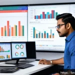 모듈식 역량 개발의 데이터 기반 접근 - A professional Bengali data analyst working in a modern office setting, surrounded by multiple compu...