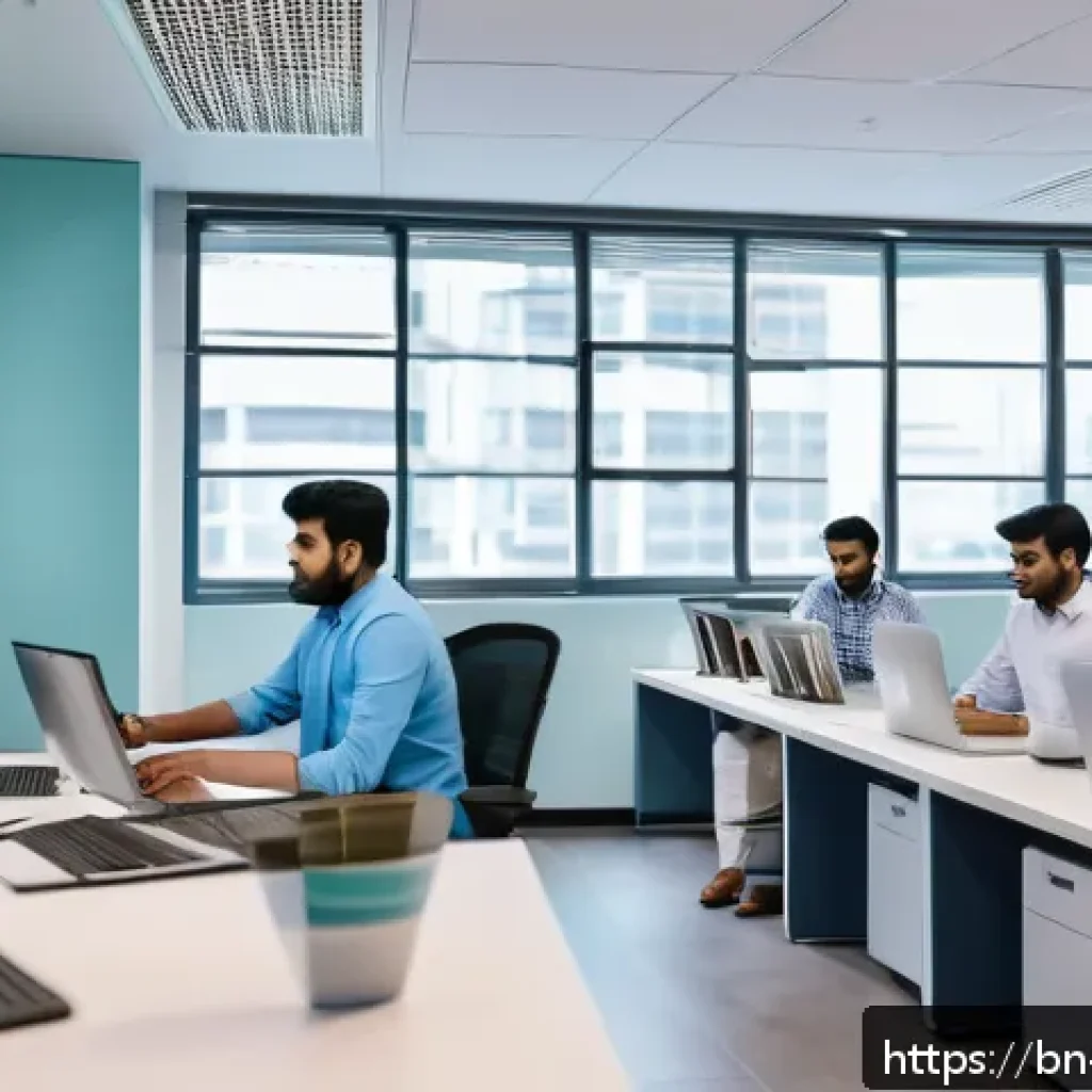 조직에서의 모듈식 역량 개발 사례 - A modern office scene depicting a diverse Bengali team collaborating seamlessly on a modular project...