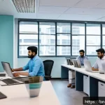 조직에서의 모듈식 역량 개발 사례 - A modern office scene depicting a diverse Bengali team collaborating seamlessly on a modular project...